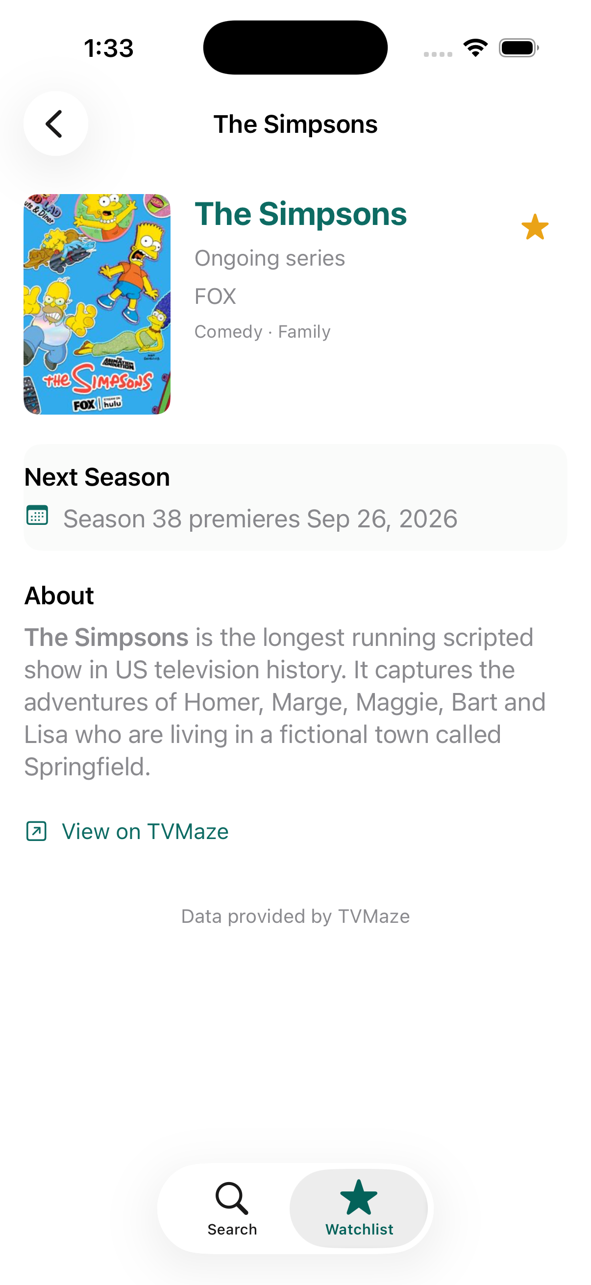 NextSeason details for The Simpsons showing its next season premiere date