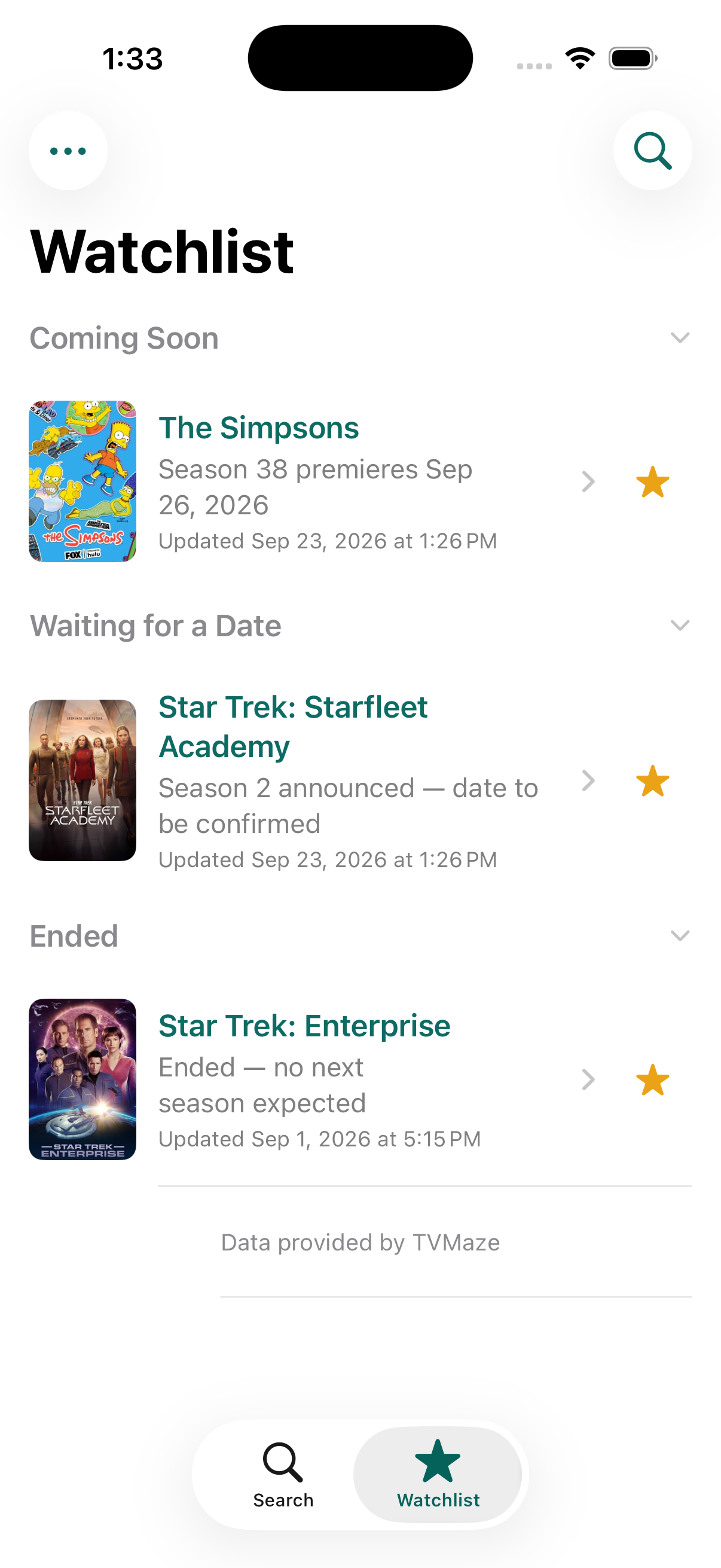 NextSeason Watchlist showing shows that are coming soon, waiting for a date, and ended